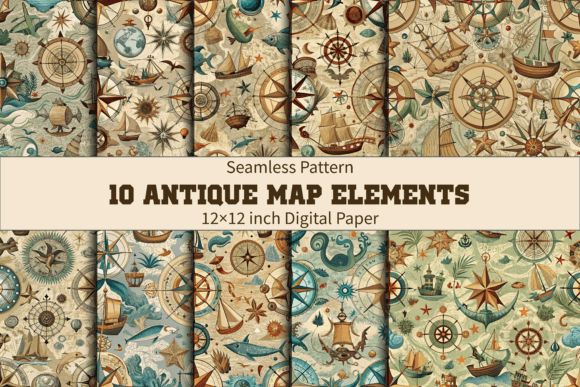 Antique Map Pattern with Compass Roses