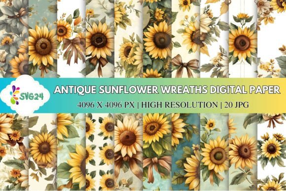 Antique Sunflower Wreaths Digital Paper: Timeless Elegance for Creative Projects