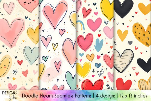 Cute Hearts Seamless Pattern, Doodles