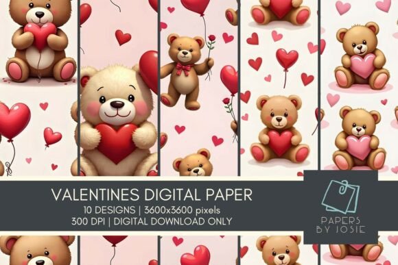 Hearts Teddy Pattern Digital Paper