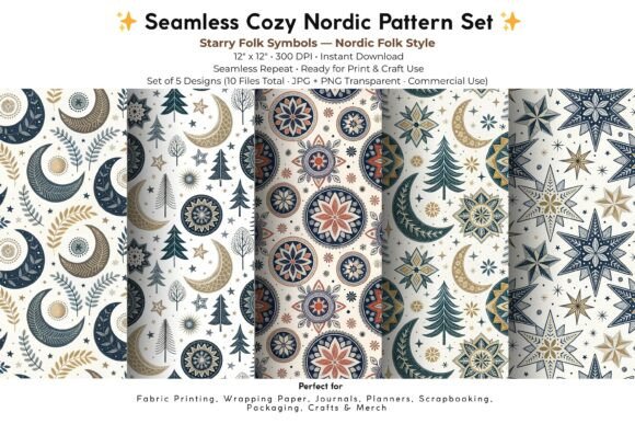 Nordic Starry Folk Symbols Digital Paper: A Cozy Scandinavian Night in Your Creative Projects