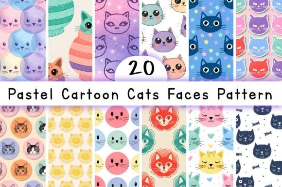 Pastel Cartoon Cats Faces Pattern