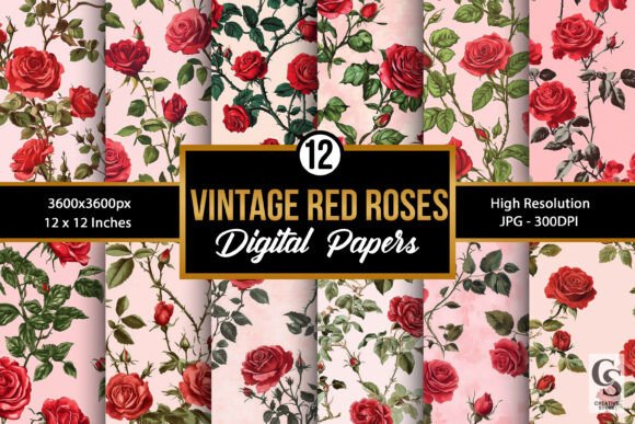 Vintage Red Roses Digital Papers: Timeless Elegance for Modern Creations